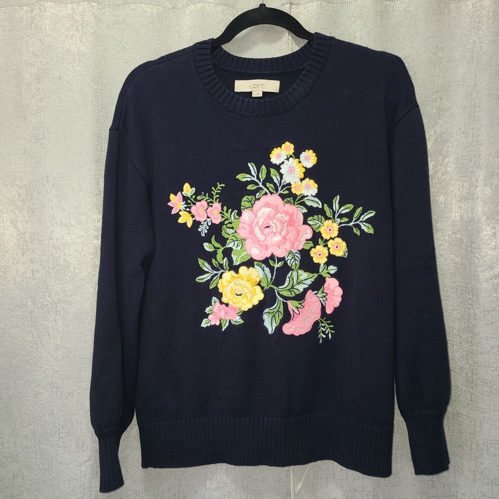 LOFT Women's Floral Embroidered Sweater - Navy